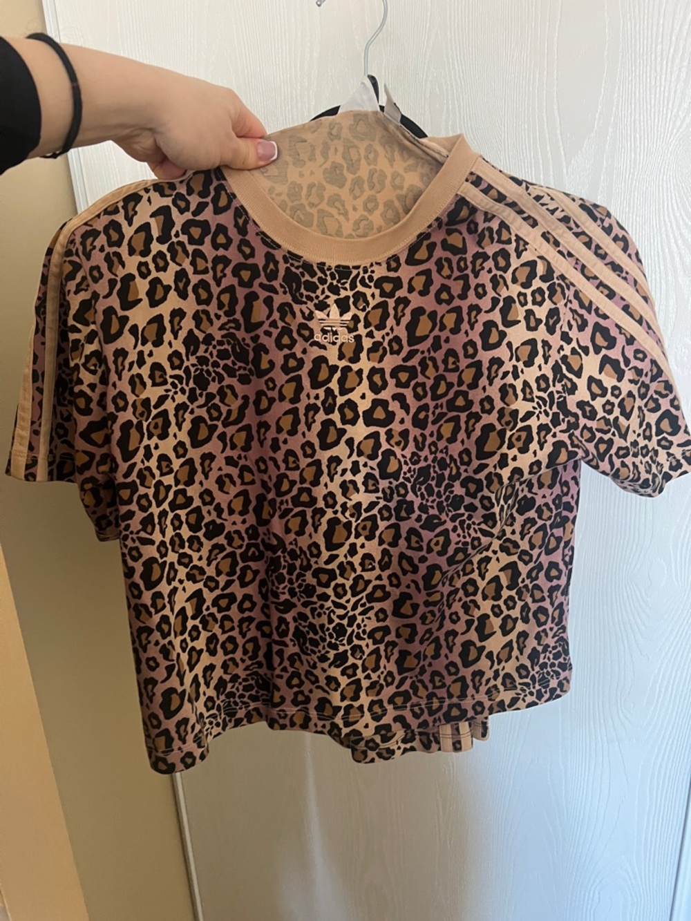 adidas Leopard Print Crop Tee in Beige and Black set